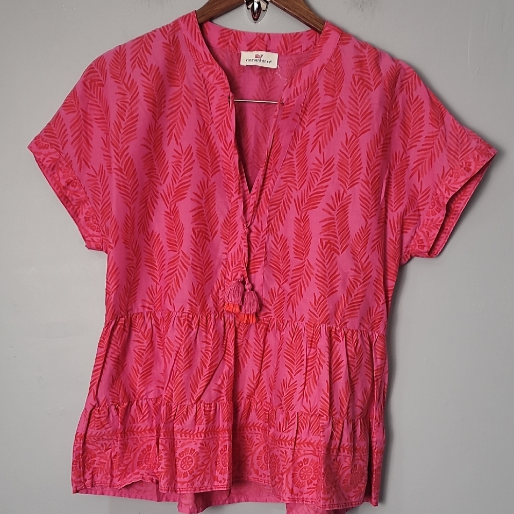 Vineyard Vines Pink Mandarin Collar Blouse with Tie Front